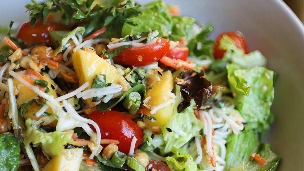 Thai Noodle Salad · Vegetarian. Mix greens, basil, mint, cilantro, scallions, mango, carrots, cabbage, avocado, cherry tomatoes, peanuts, coconut flakes, and tossed in sesame seeds, served with Thai sesame dressing and baked pita.