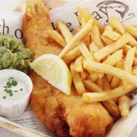Fish And Chips · Beer battered Atlantic cod fish, served with fresh batch of french fries and a side of tarta...