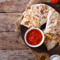 Maggie'S Quesadilla · Flour tortilla stuffed with mixed cheese, mixed bell peppers and onions garnished with lettu...
