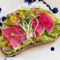 Avocado Toast · Toasted sourdough, smashed avocado, watermelon radish, house-pickled shallot and red onion, ...