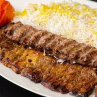 Soltani Kebab · Combination of beef shish and beef luleh.