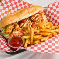 Po’ Boy Sandwich · Popular item. Battered and fried. Layered with shredded lettuce, tomatoes, pickles, remoulad...