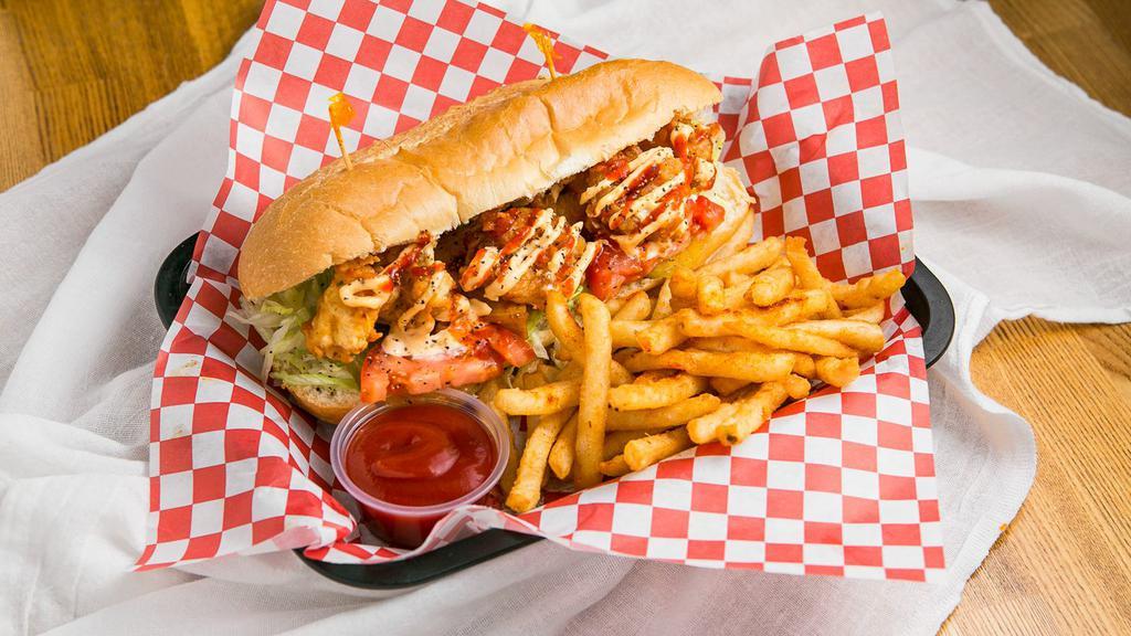 Po’ Boy Sandwich · Popular item. Battered and fried. Layered with shredded lettuce, tomatoes, pickles, remoulade sauce, and hot sauce. Served with fries.
