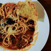 Spicy Seafood Pasta With Tomato Sauce · spaghetti, spicy tomato sauce, onion, mushroom, bell pepper, shrimp, squid, mussel, topped w...