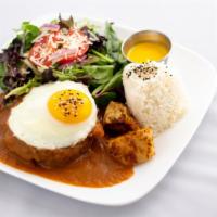 Roast Hamburger Steak & Salad · homemade beef meat steak covered in homemade steak sauce, topped with sunny-side egg, and ba...