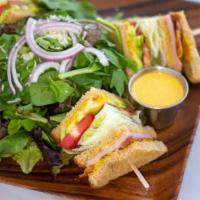 Club Sandwich & Salad · wheat bread, turkey, lettuce, bacon strips, avocado, salad