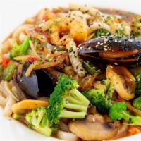 Seafood Sautéed Udon · shrimp, squid, mussel, onion, bell pepper, noodle, oyster sauce, housemade udon sauce