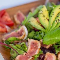 Tuna Tataki Salad · fresh tataki tuna, mix green salad, avocado, tomato, red onion, oriental dressing