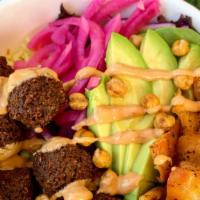 Falafel Bowl (Iconic Bowls)  · Falafel Minis, Salad, Rice, Hummus, Pita Croutons, Haus-Avocado, Pickles Red Onions, Chipotl...