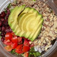 Quinoa Salad  · Spring mix, cherry tomato, red onion, avocado, dried cranberries, toasted almonds, citrus dr...
