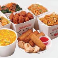 Family Meal · With 4 pieces vegetable egg roll,one large egg flower soup,2 large half side and 3 large ent...