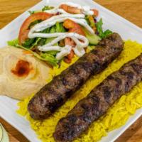 Kafta Kabob · Two grilled pieces of lean ground beef mixed with fresh parsley, onions and spices.