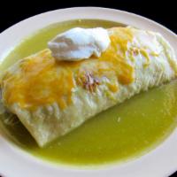 Wet Burrito · Rice, beans, onions, cilantro wet with green sauce, melted cheese, and sour cream.