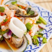 The River Seafood Salad · Spicy. Seafood combination, tomatoes with The River Thai special lime dressing, fish sauce, ...