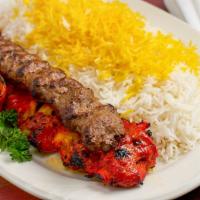 House Combo (Boneless Chicken Kabob & Kabob Koobideh) · Delicious marinated charbroiled, boneless leg of chicken and one skewers of juicy strip of c...