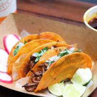 Birria Consome Combo  · 3 Crispy shell tacos and 8 oz of spicy beef stew meat marinated in Mom’s multi-chile pod sau...