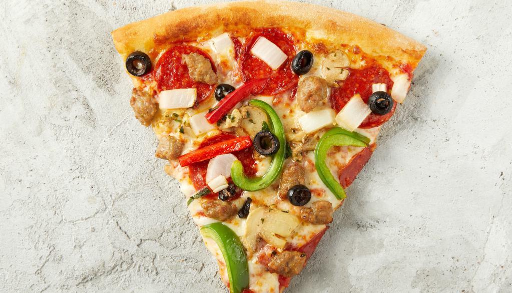 Xl Ny Supreme · Pepperoni, Sausage, Green/Red peppers, yellow onions, mushrooms, and olives