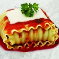 Lasagna (With Meat) · A portion of our lasagna made with ricotta and mozzarella cheeses, tomato sauce, Italian sau...