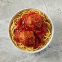 Spaghetti With Meatballs Combo · Spaghetti in pasta sauce topped with 2 100% all-beef meatballs, with choice of side and drink.