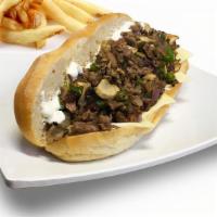 Philly Cheesesteak Sandwich · Thinly sliced skirt steak with grilled onion, mushroom, bell pepper, melted cheese, and mayo.