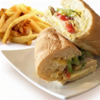 Grilled Chicken Breast Sandwich · Grilled chicken breast, cheese, lettuce, tomato, onion, bell pepper, mayo, and mustard.