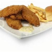 Fish And Chips Dinner · 4 delicious golden fried fish cod fillets with tartar sauce.