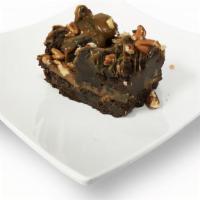 Double-Decker Brownie · With pecans and caramel.