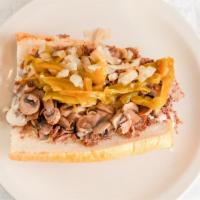 Nono Special · Cheese steak on scooped bread with grilled onions, mushrooms, tomatoes and flame sauce, cook...