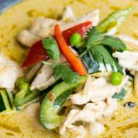 Green Curry · Choice of protein, thai green curry, bamboo shoots, zucchini, green beans, bell peppers, jal...