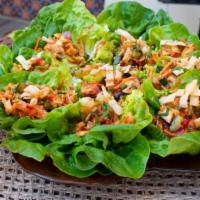 Thai Lettuce Cup Platter · Grilled shrimp or chicken,  butter lettuce cups, Thai Sweet Chili Sauce, wonton strips, red ...
