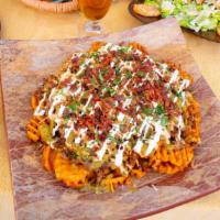 Drunken Pig Fries Platter · Crispy Waffle Fries, Beer-Braised Pulled Pork, Spicy Jalapeno Salsa, Spicy Ranch, melted che...