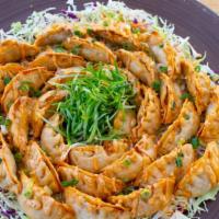 Potsticker Platter · Fried pork dumplings, Spicy Ranch, crispy garlic, green onion, potsticker sauce