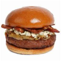 The Moody Blues Burger · Beef patty with crisp beef bacon, caramelized onions, mayo, and blue cheese crumbles on a fl...