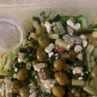 Small Greek Salad · Lettuce, veggies (tomatoes, cucumber & celery), olives and feta cheese with side tzatziki an...