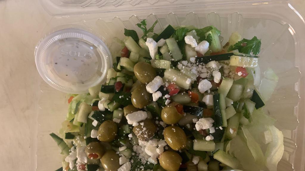 Small Greek Salad · Lettuce, veggies (tomatoes, cucumber & celery), olives and feta cheese with side tzatziki and chutney sauce