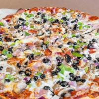 Works Pizza · Pepperoni, sausage, ham, mushroom, onions, bell peppers and black olives.