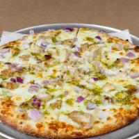 Pesto Chicken Pizza · Pesto sauce, grilled chicken, garlic, onion and mozzarella