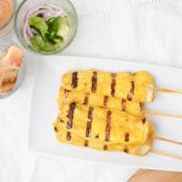 Chicken Satay (4 Pc) · Grilled marinated chicken skewer served peanut sauce and pickled cucumber salad on the side.