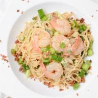 Garlic Shrimp Noodle · Spaghetti noodle with garlic, onion, bacon bits and jalapeno topped with Parmesan cheese.