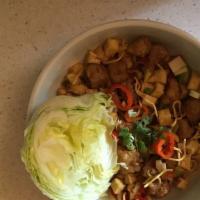 Checken Lettuce Wraps · Orange glazed, crispy vegan chicken, fried tofu, crispy noodles, water chestnuts, bell peppe...