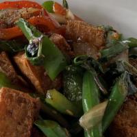 Pad Kra Prao · Spicy, Bell peppers ,slice green beans and white onions stir-fried in garlic, chilies and ba...