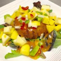 Crabmeat Pancake · Must try! Homemade crabmeat with bagel, taro topped fresh fruit salad, onion, bell pepper se...