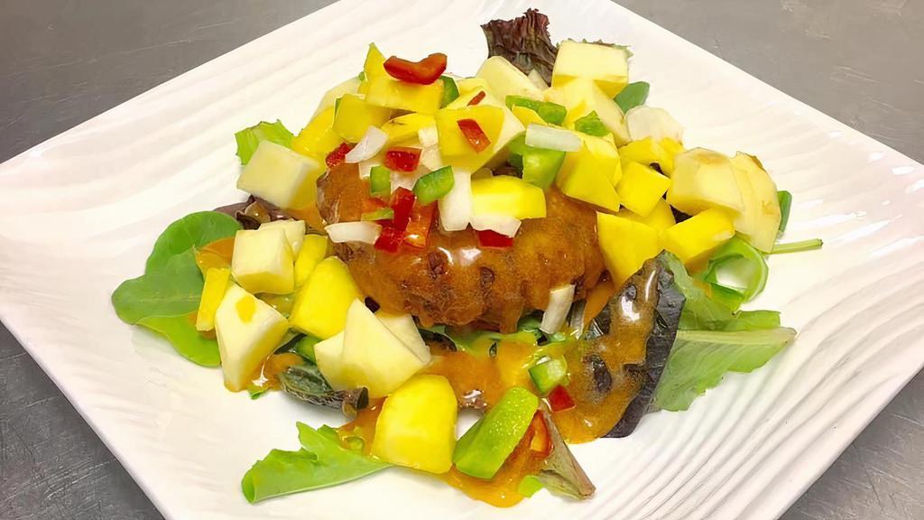 Crabmeat Pancake · Must try! Homemade crabmeat with bagel, taro topped fresh fruit salad, onion, bell pepper served with mustard and mayonnaise.