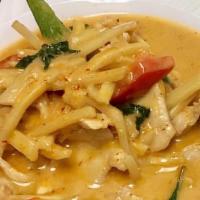 Green Or Red Curry · Eggplant or bamboo shoots, bell peppers, Thai basil, coconut milk.