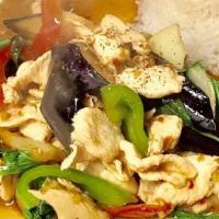 Thai Eggplant · Sautéed with eggplant, bell peppers, onions, Thai basil with spicy garlic sauce.