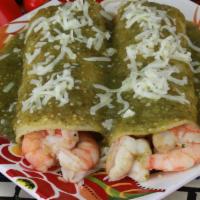 Sautéed Shrimp Enchiladas · Two Enchiladas Topped with our special Green sauce, Stuffed with Sautéed Shrimp