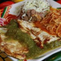 Pollo En Salsa Verde · Charbroiled Chicken Breast over Cilantro Verde Sauce 
Served with Fideo & Beans