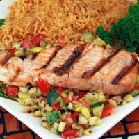 **Salmon Plate · Grilled Wild Salmon Served with Rice and Vegetables