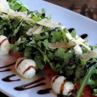 Heirloom Salad · Heirloom Tomatoes + Wild Rocket Arugula + Basil Pesto + Marinated Mozzarella Cheese + Parmes...