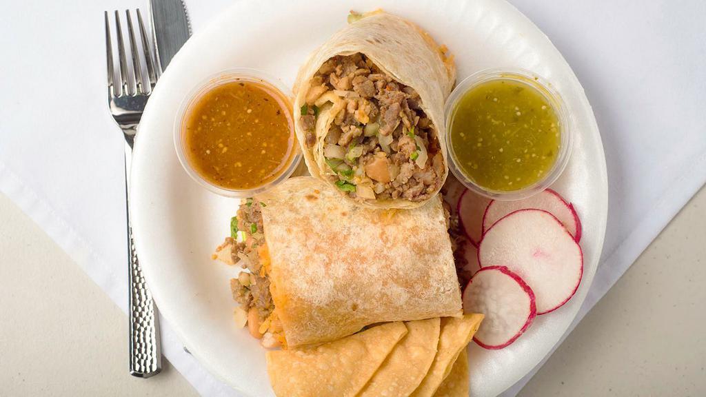Burrito · Come with rice beans onions cilantro and red or green salsa.